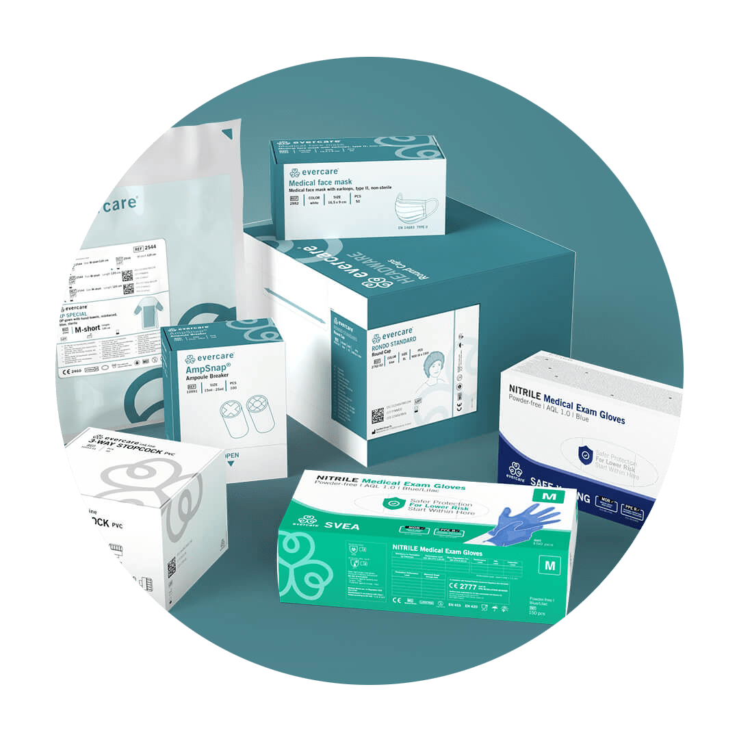 evecare 3D packaging design of the brand product range from gloves, 3-way stopcock, operation cap, face mask