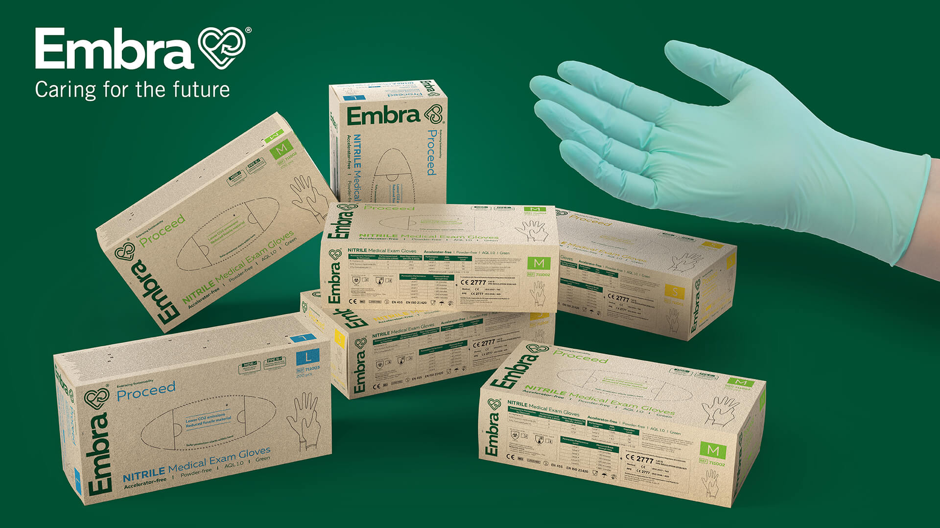 hand wearing a Embra Proceed glove beside 3D gloves dispenser box and Embra logotype with tagline 