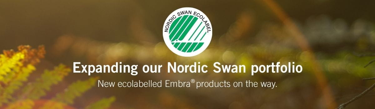 Nordic Swan Ecolabel logo with text announcing new ecolabelled Embra products from Evercare Medical