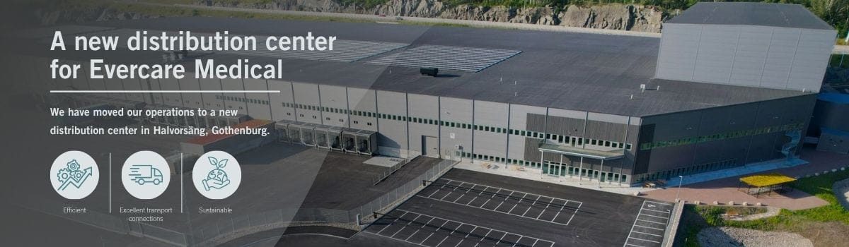 Aerial view of Evercare Medical and Onemed’s new distribution center in Halvorsäng, Gothenburg, with text announcing the move and icons highlighting efficiency, transport connections, and sustainability.